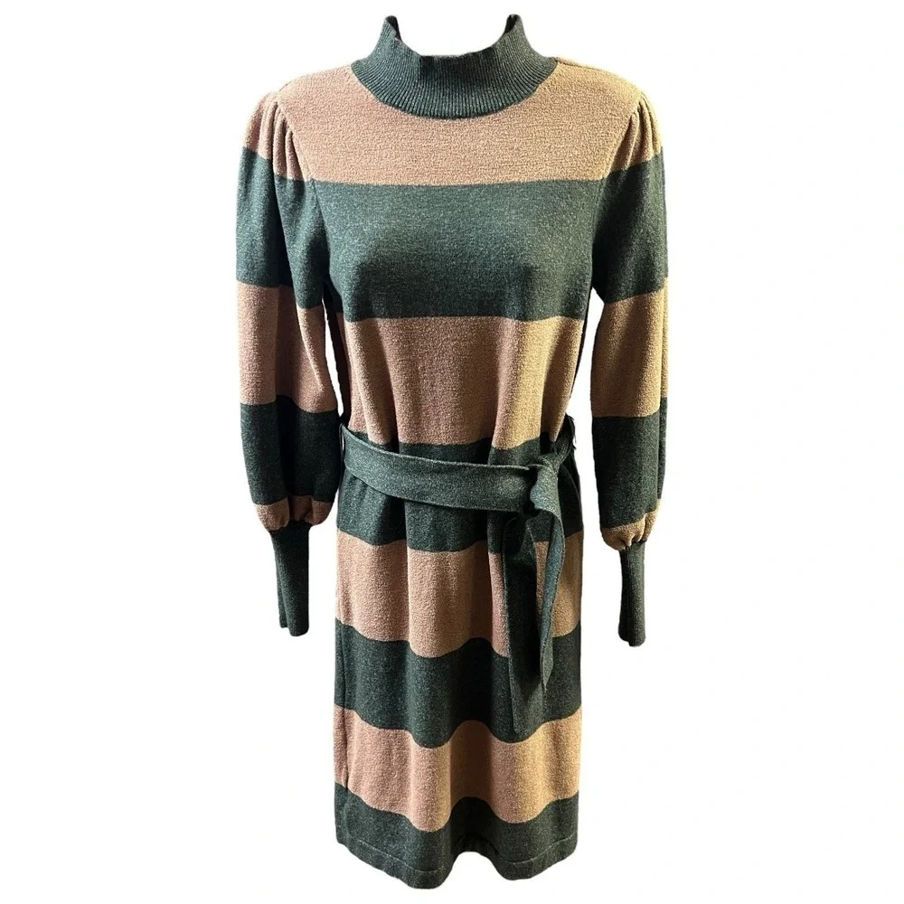 Ann Taylor Dress XS Striped Belted Pullover‎ Ribbed Mock Neck Chic Modern NEW